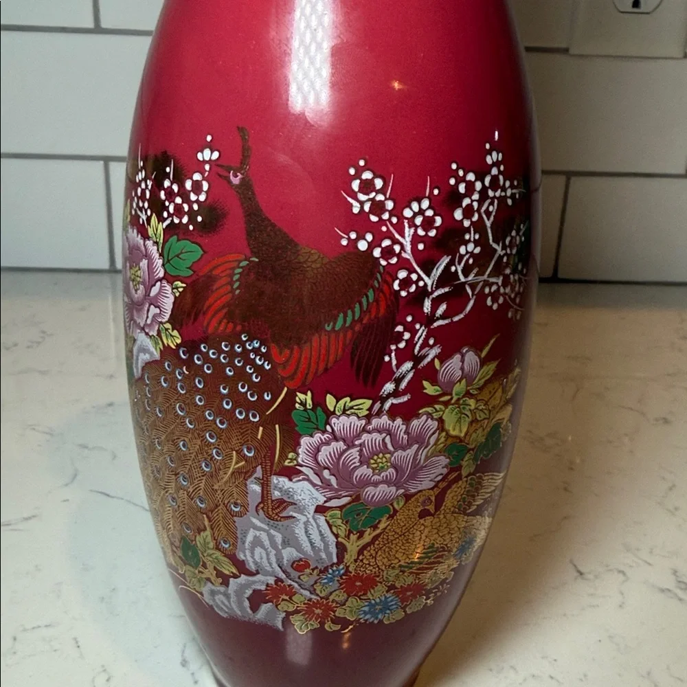 Vintage 1980s Imperial Japan Hand Painted Ceramic Vase Red Gold Peacock 11